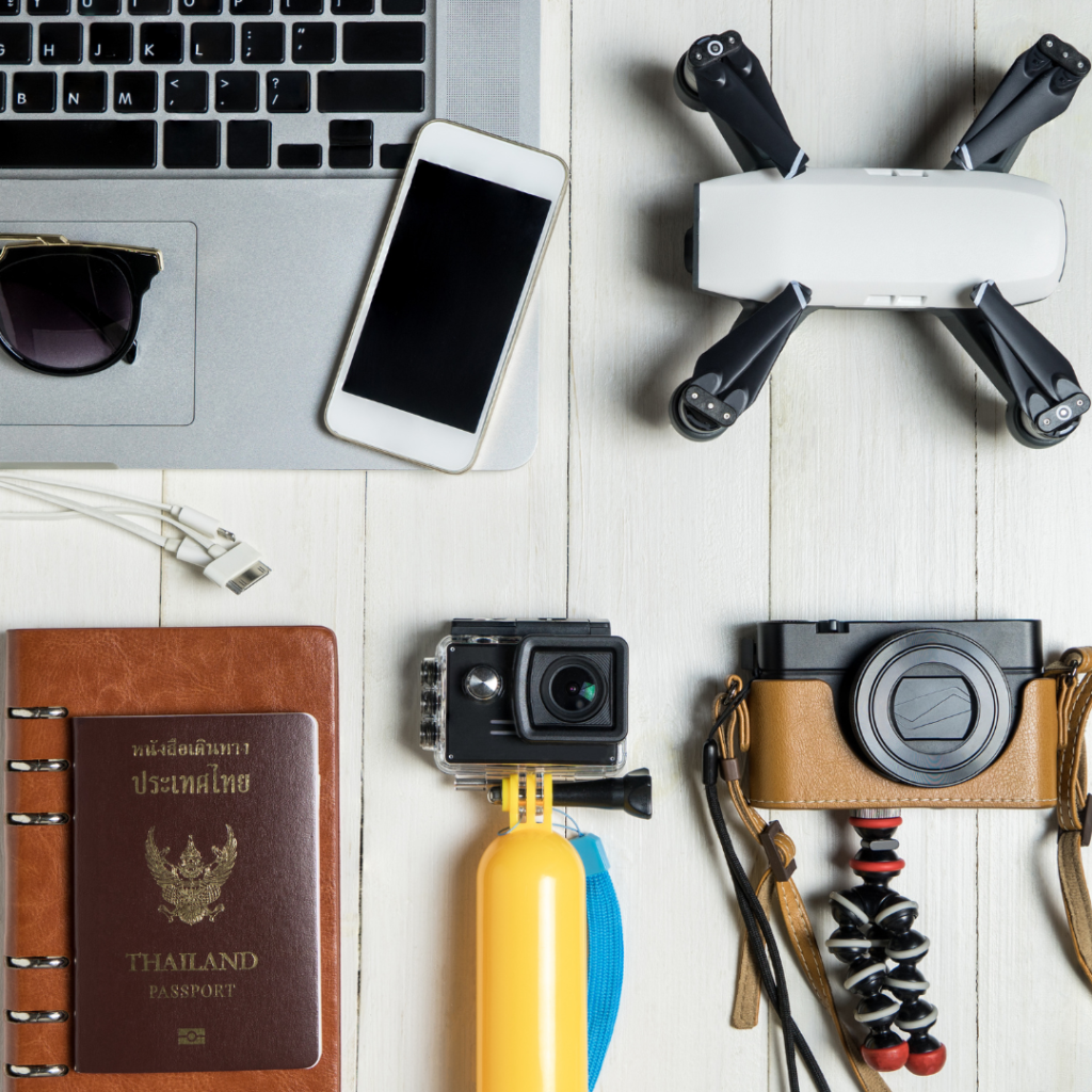 Technology equipment for podcasters, vloggers, and travelers, perfect for staying connected and creating content on the go